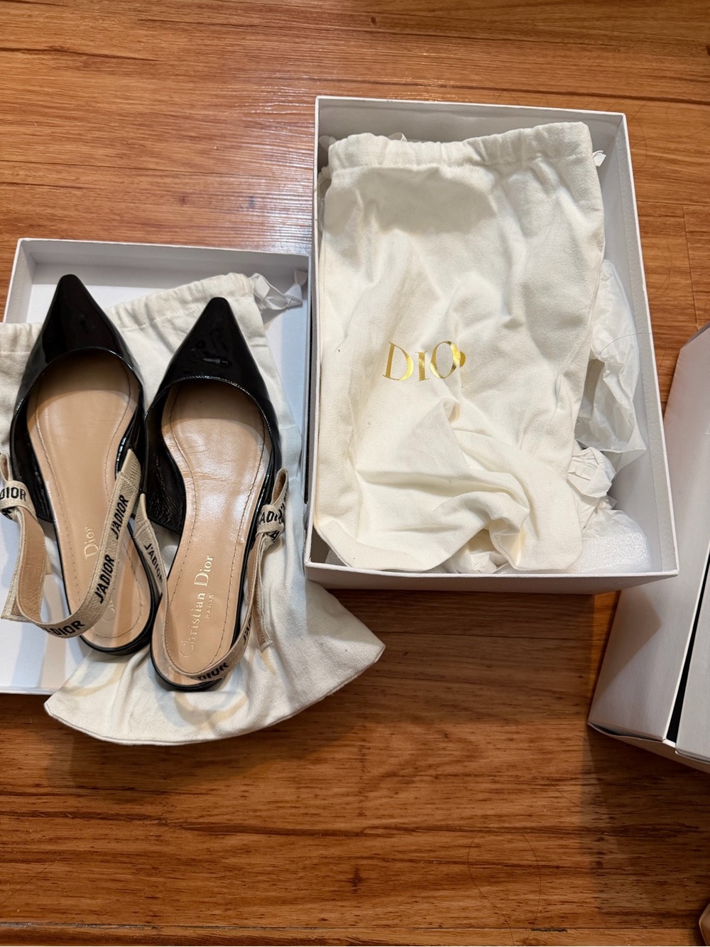 Dior Black Patent Pointed Slingback Mules with Cream Logo Straps - Picture 4 of 5